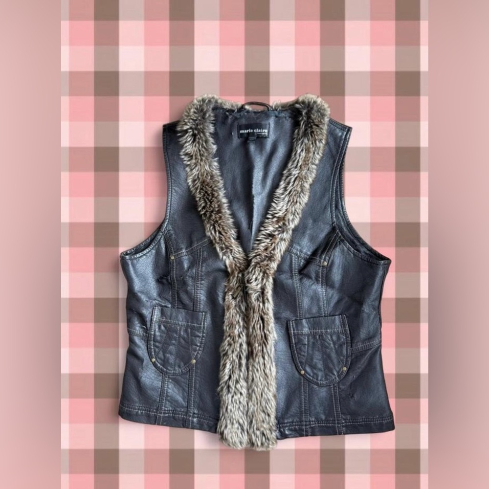 Marie Claire Brown Faux Fur Trim Leather Vest